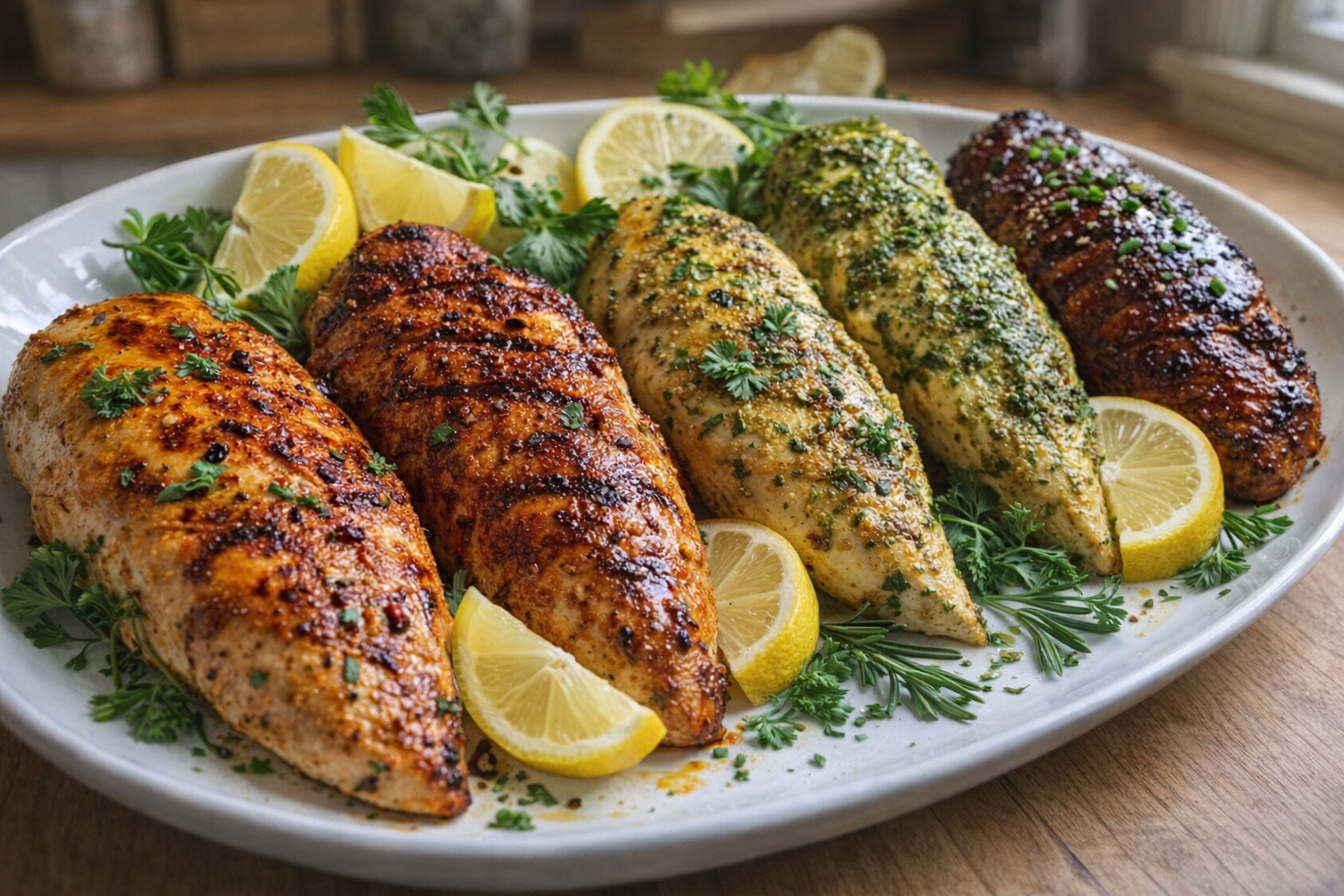 A brightly lit platter of grilled chicken breasts, each showcasing a different marinade and vibrant color, arranged with fresh herbs and lemon wedges for garnish